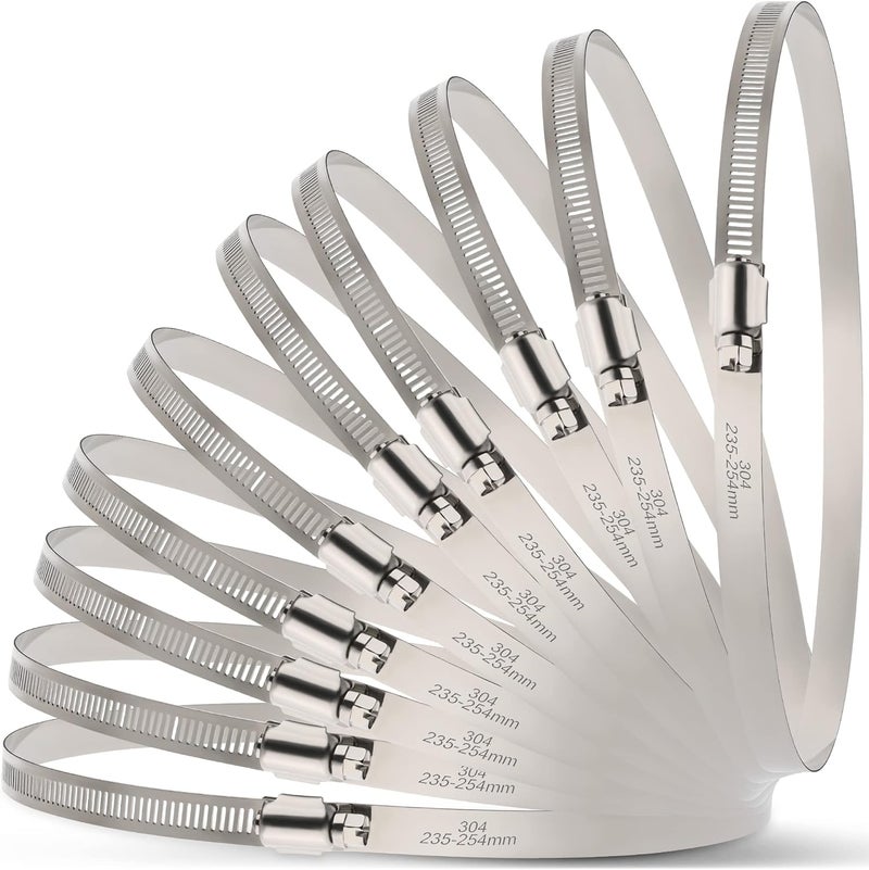 ORU Large Hose Clamps, 10 Pack 10 Inch Stainless Steel Hose Clamps Adjustable from 9-1/4"-10"/235-254mm, Metal Worm Gear Duct Clamp for Air Ducting, Dryer Vent Hose, Fuel Line, Automotive - Image 1